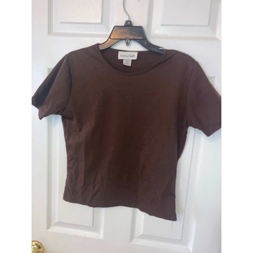 Cristina Vintage Brown Short Sleeve Crew‎ Neck Top Womens Medium Polyester Korea